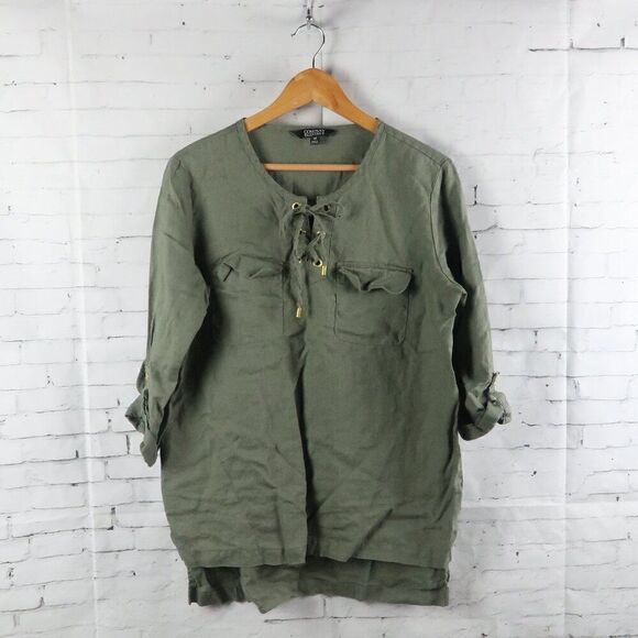 COMPANY ELLEN TRACY CAPER GREEN ROUND NECK 1/2 SLEEVE LINEN TUNIC TOP SIZE M - Picture 1 of 7